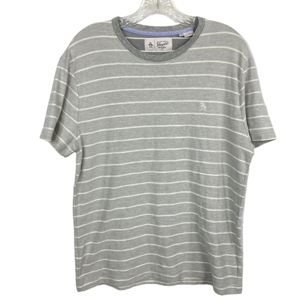 Penguin T-Shirt Mens Sz L Gray White Striped Cotton Short Sleeve Crew Neck Logo